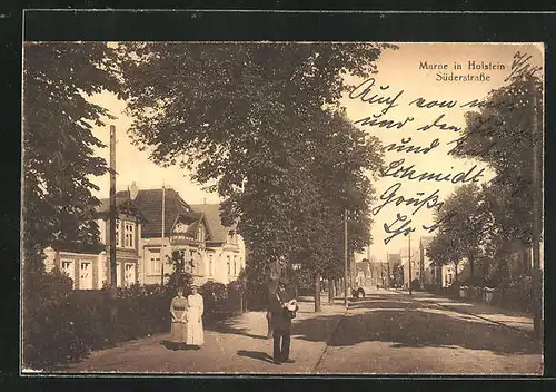 AK Marne in Holstein, Süderstrasse mit Briefträger und zwei Damen