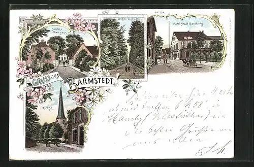 Lithographie Barmstedt, Hotel Stadt Hamburg, Schloss Ranzau, Kirche