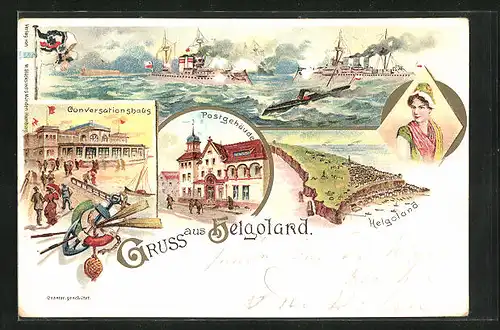 Lithographie Helgoland, Ortsansicht, Conversationshaus, Postgebäude