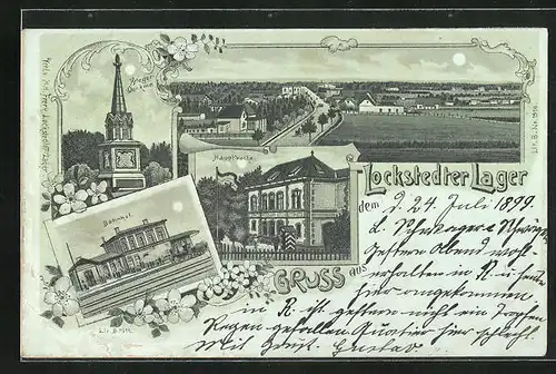 Mondschein-Lithographie Lockstedter Lager, Hauptwache, Bahnhof, Krieger-Denkmal