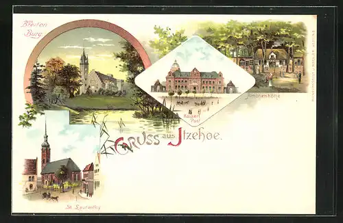 Lithographie Itzehoe, Amönenhöhe, Breitenburg, Kaiserl. Post