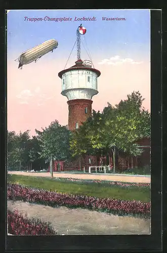 AK Lockstedt, Truppenübungsplatz, Zeppelin über dem Wasserturm