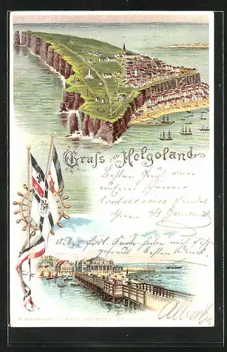 Lithographie Helgoland, Anlegesteg, Insel aus der Vogelschau