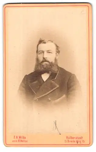 Fotografie F. A. Wilde, Halberstadt, Breite Weg 15, Portrait modisch gekleideter Herr mit Backenbart