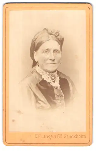 Fotografie C. F. Linge & Co., Stockholm, Stora Badstugatan 3, Portrait ältere Dame in zeitgenössischer Kleidung