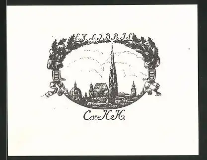 Exlibris Cre. Heh, Kirche mit Ortsansicht