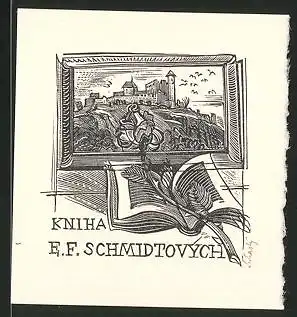 Exlibris E. F. Schmidtovych, Rose mit Buch und Burg