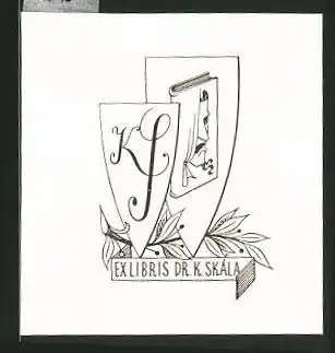 Exlibris Dr. K. Skála, Initialen KS, Wappen mit Buch