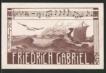 Exlibris Friedrich Gabriel, SWikingerschiff auf hoher See, Möwe