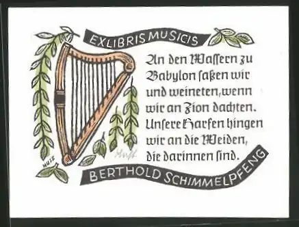 Exlibris Berthold Schimmelpfeng, Lyra mit Blättern