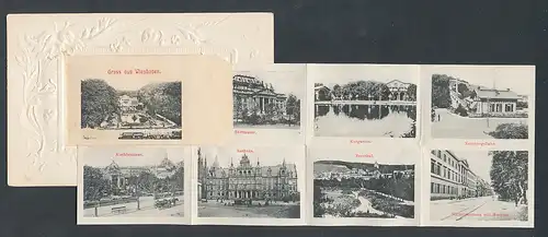 Leporello-AK Wiesbaden, Kochbrunnen, Neroberg-Bahn, Wilhelmstrasse mit Museum