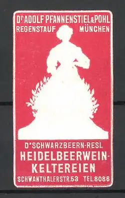 Präge-Reklamemarke D'Schwarzbeern-Resl Heidelbeerwein-Keltereien, Dr. Adolf Pfannenstiehl & Pohl, Regenstauf, Winzerin