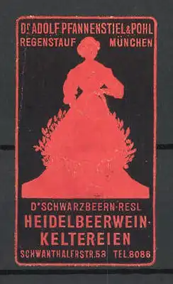 Präge-Reklamemarke D'Schwarzbeern-Resl Heidelbeerwein-Keltereien, Dr. Adolf Pfannenstiehl & Pohl, Regenstauf, Winzerin