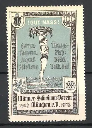 Reklamemarke Männer-Schwimm-Verein München e.V., Gut Nass!, Schwimmer mit Knabe auf den Schultern auf Sprungbrett