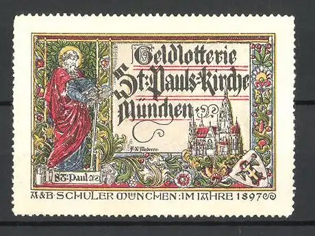 Künstler-Reklamemarke Geldlotterie St. Pauls-Kirche München, Wappen, Kirche und St. Paul