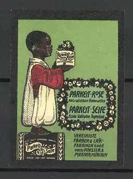 Reklamemarke Parkett-Rose & Parkett-Seife, Vereinigte Farben- und Lackfabriken München, afrikanisches Kind mit Dose