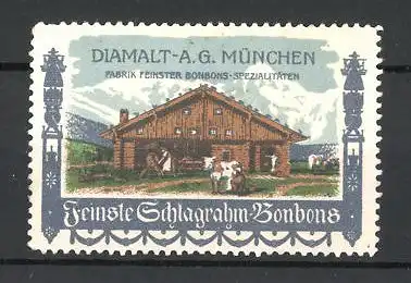 Reklamemarke Feinste Schlagrahm-Bonbons, Fabrik Diamalt AG München, Bauernhaus