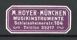 Präge-Reklamemarke Musikinstrumente von M. Hoyer, Schleissheimerstr. 104, München