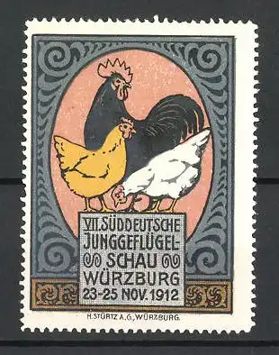 Reklamemarke Würzburg, VII. Süddeutsche Junggeflügelschau 1912, stolzer Hahn mit zwei Hennen