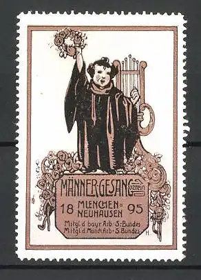 Reklamemarke Männergesangsverein München-Neuhausen, seit 1895, Mitgl. d. bayr. Arb.-S.-Bundes, Münchner Kindl mit Lyra