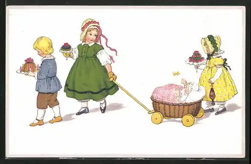 Künstler-AK Lia Döring: Mädchen mit kleinem Geschwisterchen im Kinderwagen, Deutsche Kinderhilfe