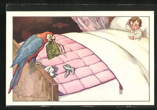 Künstler-AK Castelli: Papagei stiehlt die Kleidung eines im Bett liegenden Kindes