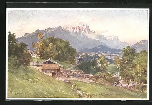 Künstler-AK Edward Theodore Compton: Untersberg-Schönau, Ortsansicht gegen Gebirge