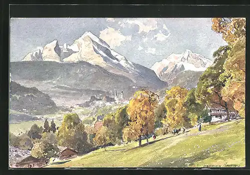 Künstler-AK Edward Harrison Compton: Berchtesgaden, Ortsansicht mit Watzmann und Hochkalter im Frühherbst