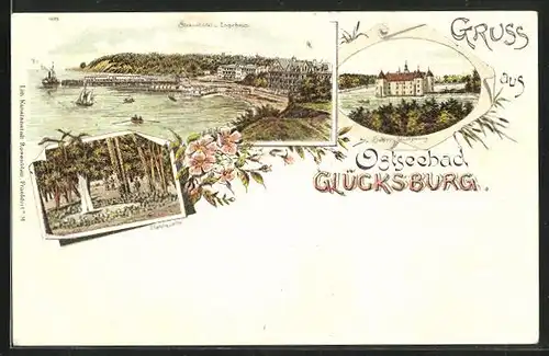 Lithographie Glücksburg, Strandhôtel und Logierhaus, Schloss Glücksburg, Stahlquelle