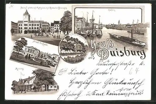 Lithographie Duisburg, Städtische Tonhalle, Monning, Hafen