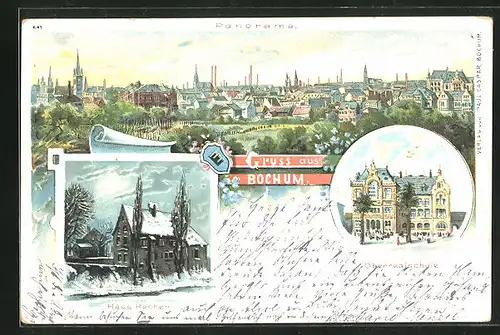 Lithographie Bochum, Panorama, Haus Rechen im Schnee bei Mondschein, Oberrealschule