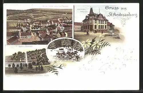 Lithographie St. Andreasberg, Blick vom Glockenberge, Wildfütterung, Teich-Anlagen