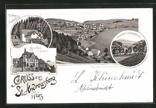 Lithographie St. Andreasberg i / Harz, Rehberger Grabenhaus, Neue Post mit Denkmal, Teichanlagen mit Springbrunnen