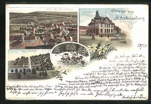 Vorläufer-Lithographie St. Andreasberg, 1895, Kaiserliches Postamt, Teich-Anlagen, Wildfütterung im Winter