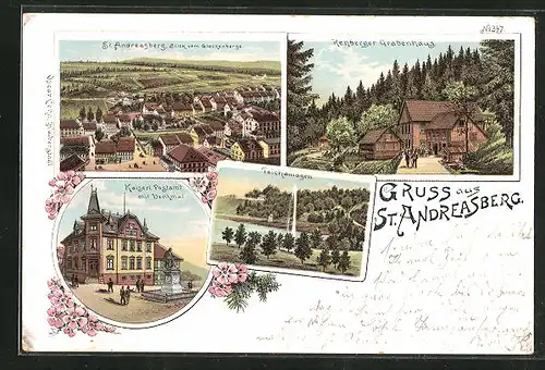 Lithographie St. Andreasberg, Rehberger Grabenhaus, Kaiserliches Postamt mit Denkmal, Teichanlagen