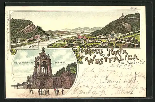 Lithographie Minden i / W., Porta Westfalica, Kaiser Wilhelm Denkmal