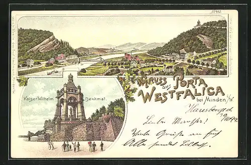 Lithographie Minden i / W., Porta Westfalica, Kaiser Wilhelm Denkmal