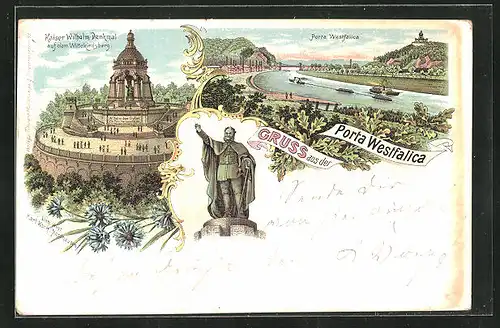 Lithographie Porta Westfalica, Teilansicht, Kaiser Wilhelm Denkmal auf dem Wittekindsberg