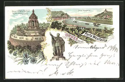 Lithographie Porta Westfalica, Teilansicht, Kaiser Wilhelm Denkmal auf dem Wittekindsberg