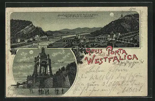 Mondschein-Lithographie Minden i / W., Porta Westfalica, Kaiser Wilhelm Denkmal