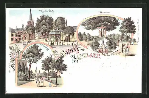 Lithographie Kevelaer, Kapellen-Platz, Kreuzbaum, Pfarrkirche