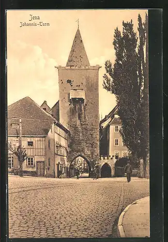 AK Jena, Strassenblick am Johannis-Turm mit Geschäft