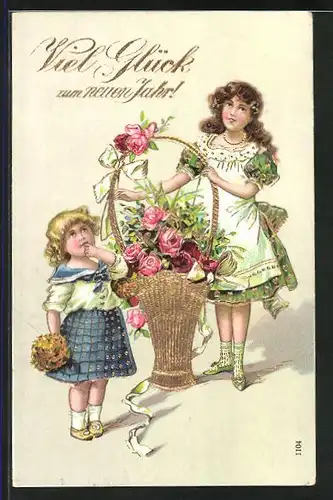 Präge-AK Neujahrsgruss mit Mädchen und Korb voller Rosen