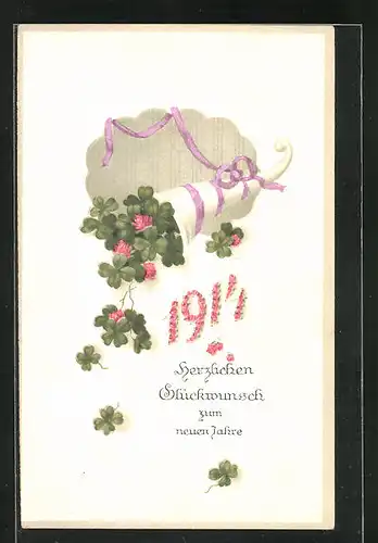 Präge-AK Neujahrsgruss mit Füllhorn voller Klee, Jahreszahl 1914