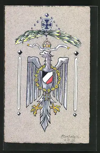 Künstler-AK Handgemalt: Adler mit Wappen, Schützengrabenkunst