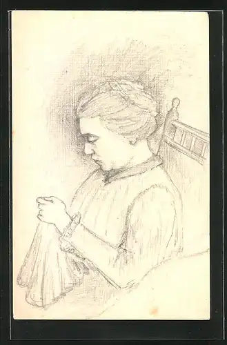 Künstler-AK Handgemalt: Portrait Frau mit Taschentuch