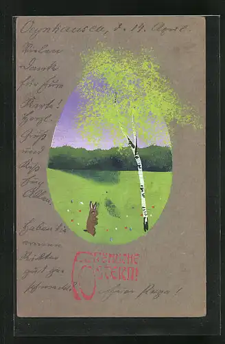 Künstler-AK Handgemalt: Osterhase und Baum im Ei, Ostergruss