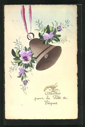 Künstler-AK Handgemalt: Glocke und Blumen, Ostergruss