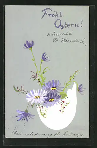 Künstler-AK Handgemalt: Blumen im Ei, Ostergruss