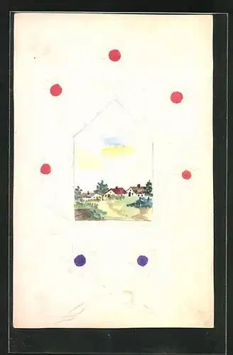 Papierkunst-AK Landschaft mit Häusern, Blumen